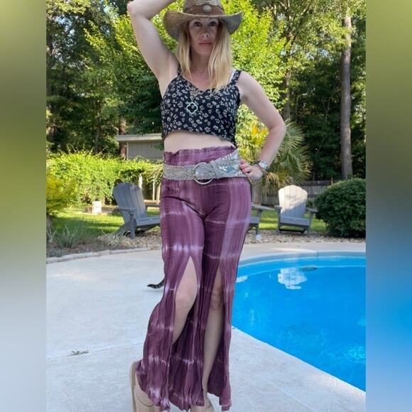 Hem & Thread tie dye split front boho Pallazzo pants - Picture 2 of 7